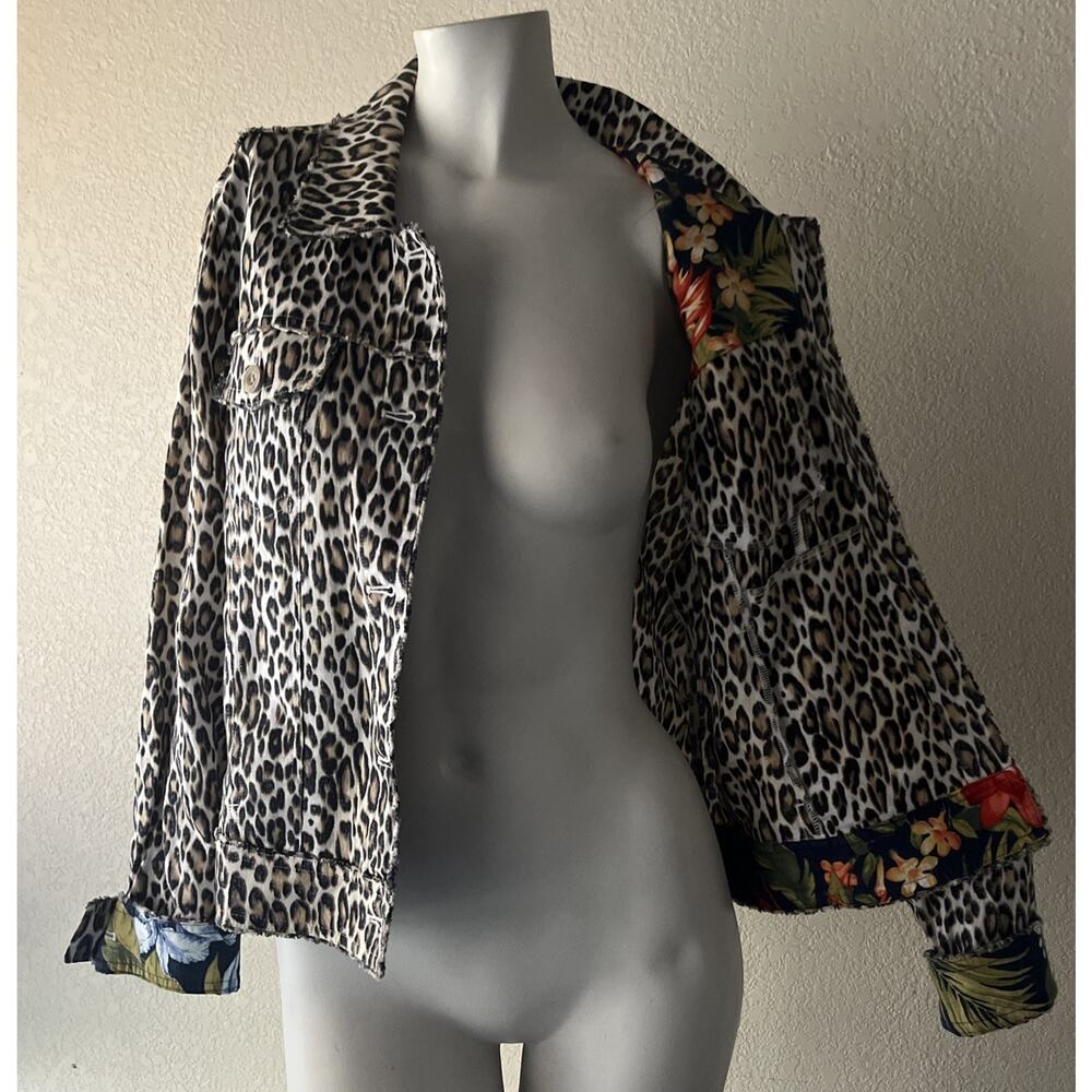 TOMMY BAHAMA TWO PALMS LAGOON LEOPARD 100% LINEN RAW EDGE FLIP CUFF JACKET Large - Picture 6 of 16